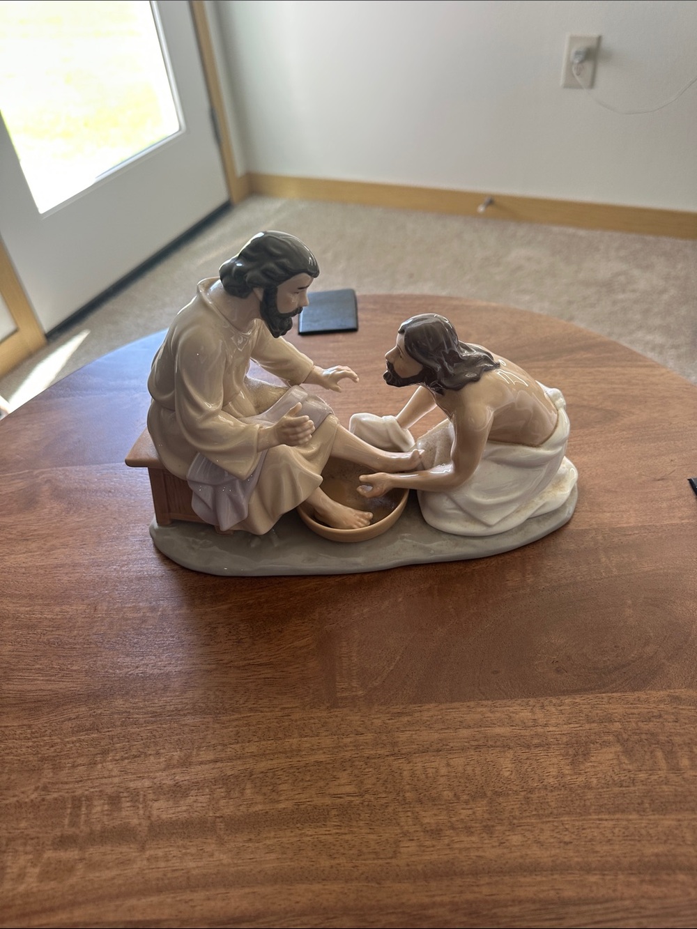 Religious Foot-Washing Figurine Sculpture in Beige and Brown